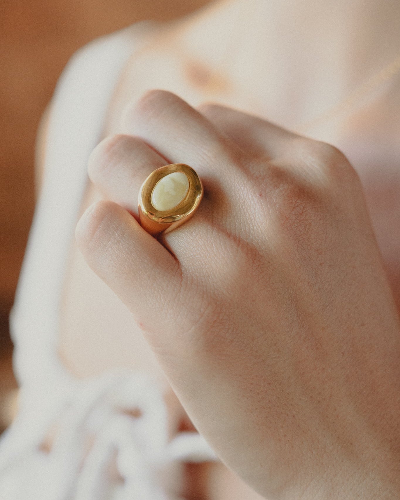 Milky Yellow Amber Moon Ring